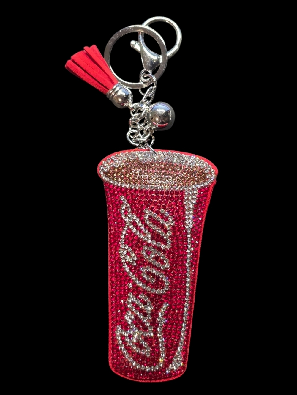 Red Crystal Coca-Cola Soda Cup Bag Charm Keychain with Tassel